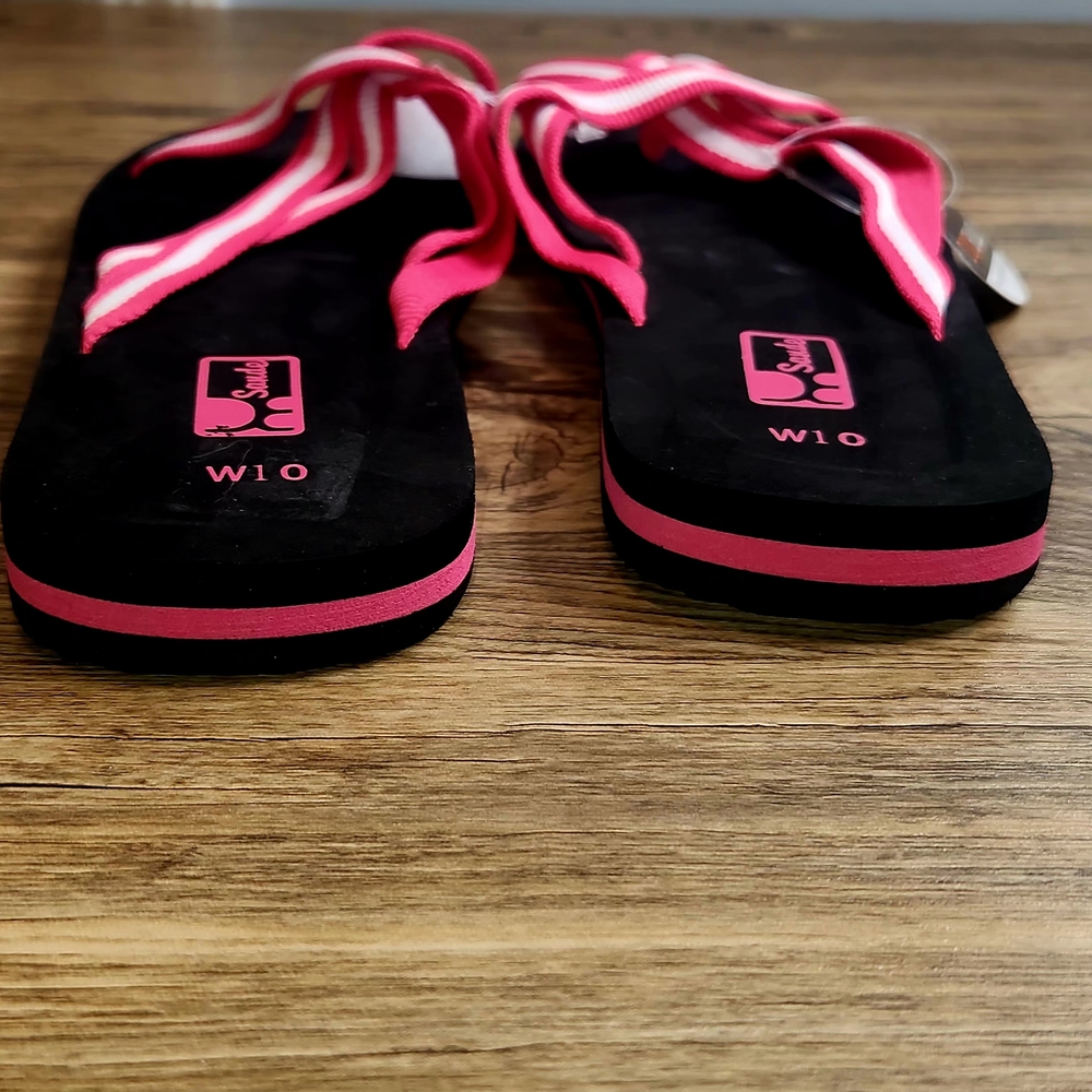 Sande Dooballo Flip Flop Sandals w/black Footbeds Hot Pink/Wht Straps Wom Sz 10 - Picture 6 of 7